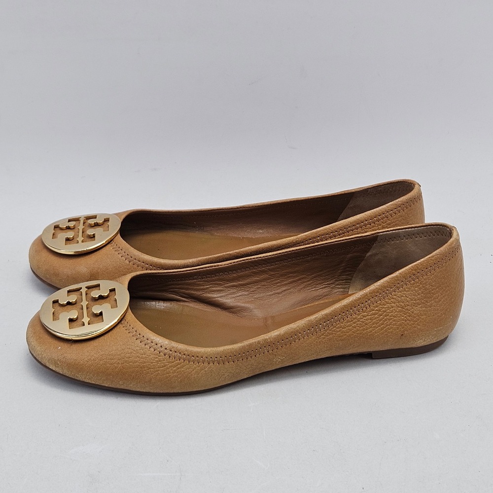 Tory Burch Tan Leather Reva Ballet Flats with Gold Logo - Picture 11 of 12